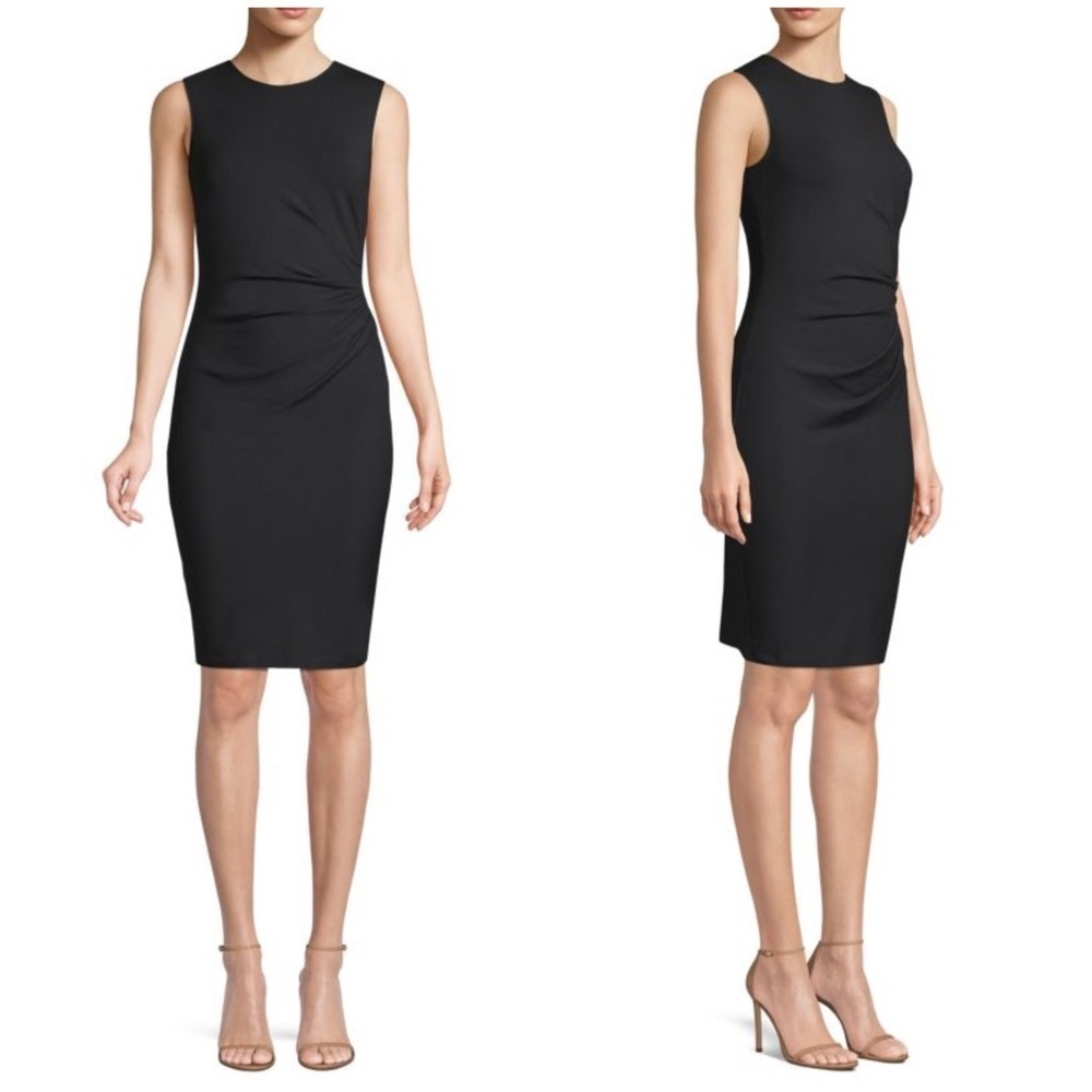 THEORY Pima Cotton Sheath Dre Elegant Black Sleeveless Ruched Bodycon Dress Sz L
